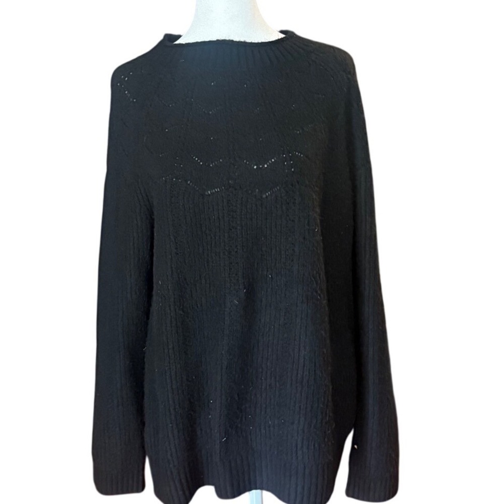 Talbots Womens Black Alpaca Wool Blend Pointelle Ribbed Crew‎ Neck Sweater L